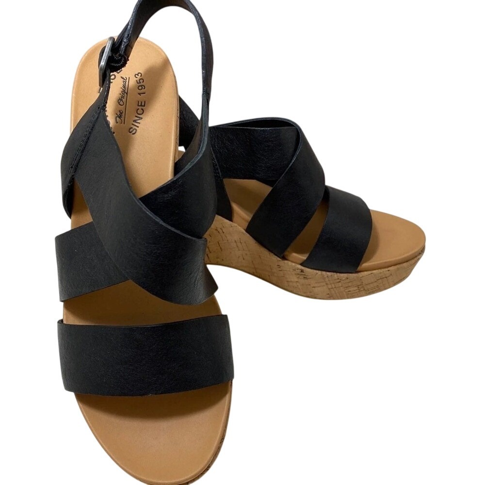 Kork-Ease Wedge Sandals Womens 9 Black Leather Cork Platform Slingback Boho Chic